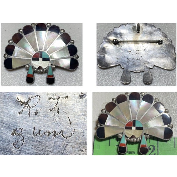 1970’s Zuni Sun Face, Sun God Pin, MOP, Turquoise, Black Onyx, Coral, White Onyx - Picture 3 of 3